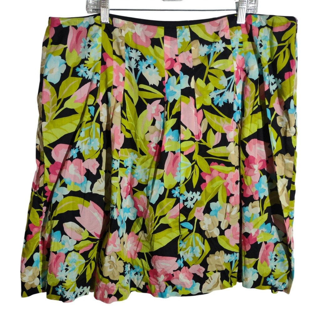 Talbots Woman‎ 20W Floral Pleated Cotton Skirt Pink Blue Green Black Lined